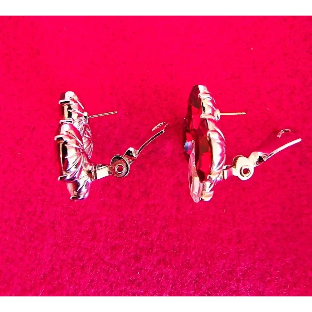 Yves Saint Laurent YSL Vintage Crystal Red Marquise Post Earrings Rhodium Plated